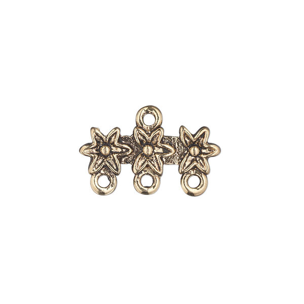 End bar, antique gold-finished "pewter" (zinc-based alloy), 20x7mm double-sided 3-flower with 3 loops. Sold per pkg of 10. image number 0