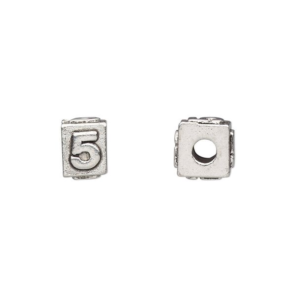 Bead, antiqued pewter (tin-based alloy), 8x6mm rectangle with number "5." Sold per pkg of 4. image number 0