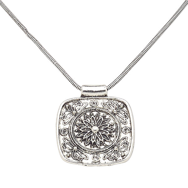 Necklace, antique silver-plated brass / steel / "pewter" (zinc-based alloy), 35x35mm square with flower design, 16 inches with 3-inch extender chain and lobster claw clasp. Sold individually. image number 0