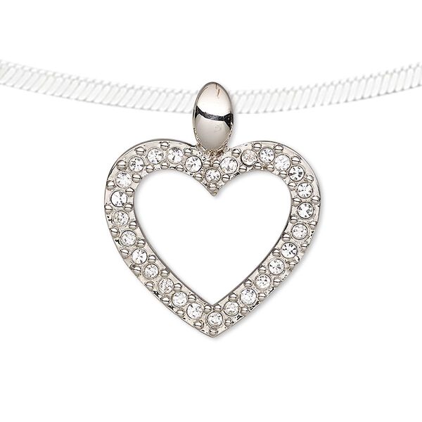 Pendant, Preciosa Czech glass rhinestone and silver-plated pewter (tin-based alloy), clear, 27x23mm open heart. Sold individually. image number 0