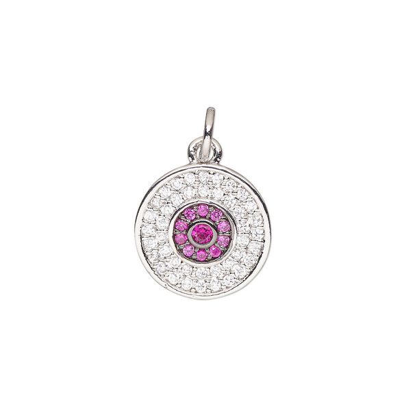 Drop, cubic zirconia and silver-finished brass, clear and pink, 12.5mm single-sided round with 5mm open jump ring. Sold individually. image number 0