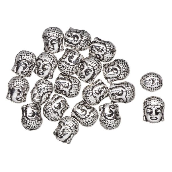 Bead, antique silver-finished "pewter" (zinc-based alloy), 11x9mm Buddha head. Sold per pkg of 20. image number 0