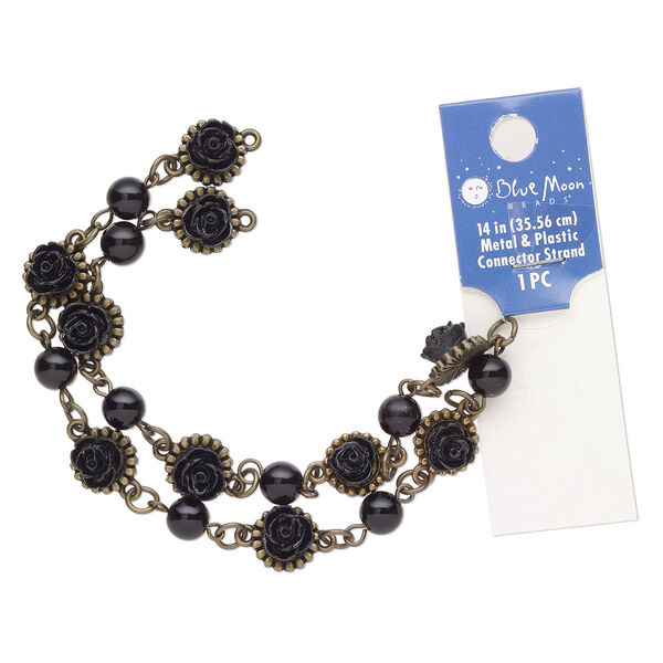Bracelet component, acrylic / antique brass-finished "pewter" (zinc-based alloy) / steel, black, 12mm wide, 14 inches. Sold individually. image number 0