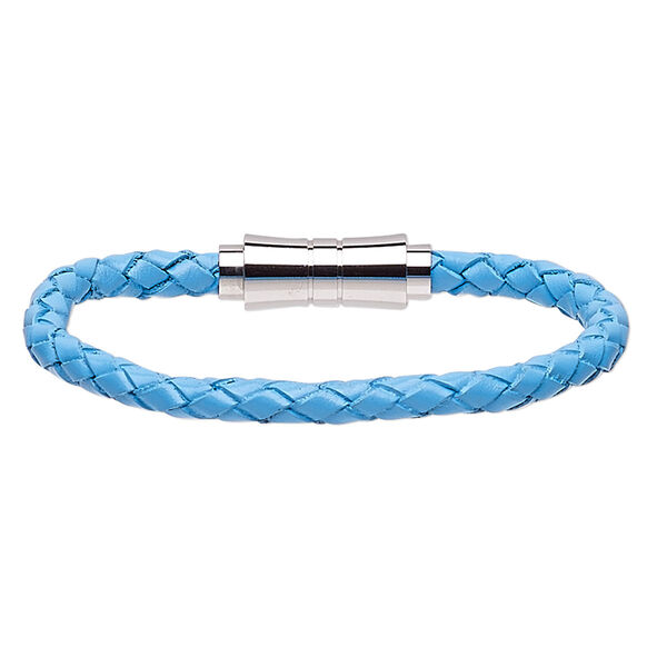 Bracelet, leather (dyed) and stainless steel, light blue, 6mm bolo cord, 6-1/2 inches with magnetic clasp. Sold individually. image number 0