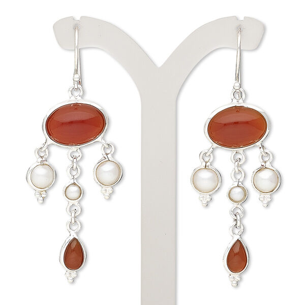 Earring, cultured freshwater pearl (bleached) / carnelian (dyed / heated) / sterling silver, white, 2-1/2 inches with fishhook ear wire. Sold per pair. image number 0