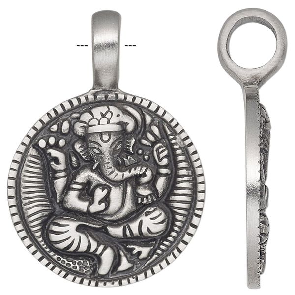 Pendant, antiqued pewter (tin-based alloy), 41.5x30mm single-sided round with Ganesh. Sold individually. image number 0
