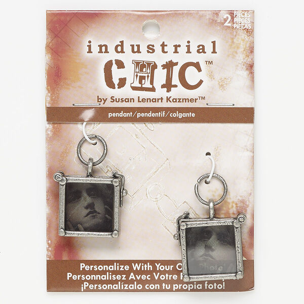 Drop, glass with antique nickel-finished steel and "pewter" (zinc-based alloy), clear and grey, 24x22mm double-sided square frame with latch and removable insert. Sold per pkg of 2. image number 0