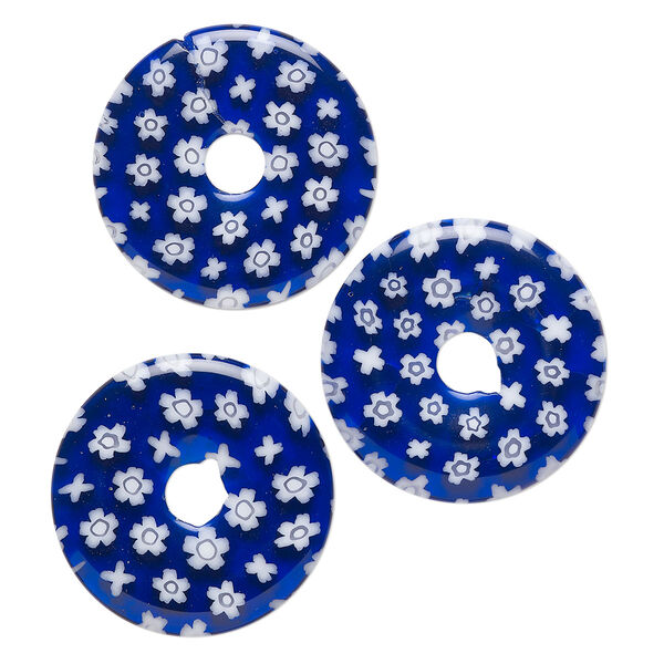 Component, millefiori glass, translucent multicolored, 24-26mm undrilled donut with flower design. Sold per pkg of 3. image number 0
