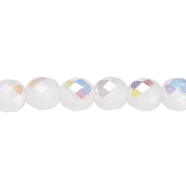 Bead, Czech fire-polished glass, opaque white AB, 8mm faceted round. Sold per 15-1/2" to 16" strand, approximately 50 beads. image number 0
