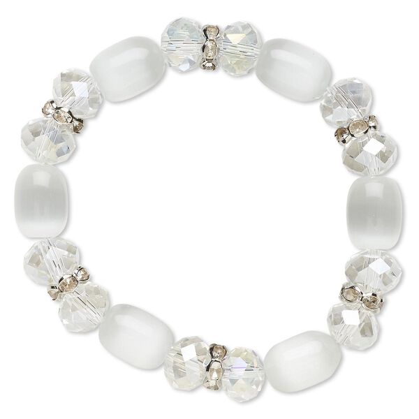 Bracelet, stretch, glass / cat's eye glass / glass rhinestone / imitation rhodium-plated steel, clear AB / white / clear, 10mm wide, 6 inches. Sold individually. image number 0
