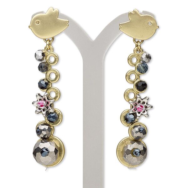 Earring, glass / steel / gold-finished brass / "pewter" (zinc-based alloy), multicolored, 2-1/2 inches with matte bird and dangle with post. Sold per pair. image number 0