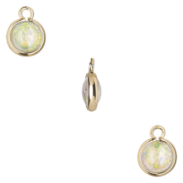 Drop, Opalized Ice™, "opal" (resin) and gold-finished brass, white, 9.5mm double-sided round. Sold per pkg of 6. image number 0