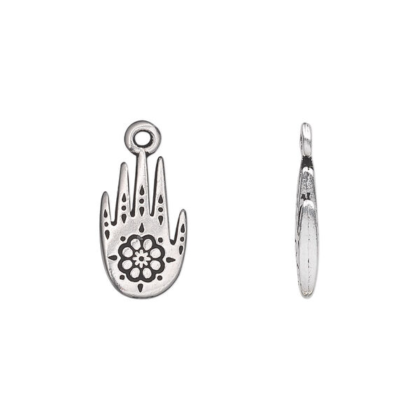 Charm, TierraCast®, antique silver-plated pewter (tin-based alloy), 16x9mm double-sided hand with henna design. Sold per pkg of 2. image number 0