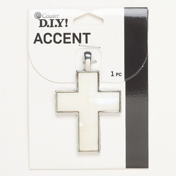 Focal, brass (bleached) and mother-of-pearl shell (bleached), pkg/1, silver finish, 49x38mm cross. image number 0