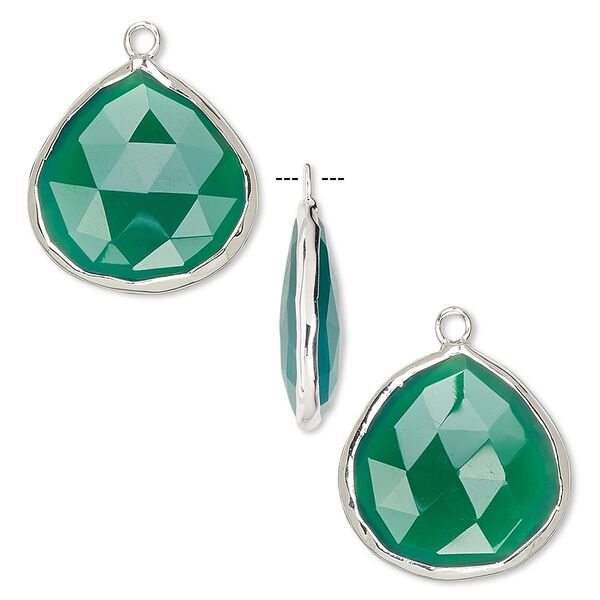 Drop, green onyx (dyed) and sterling silver, 20x20mm double-sided faceted teardrop. Sold per pkg of 2. image number 0