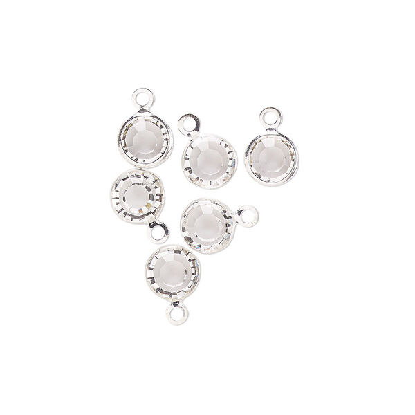 Drop, glass rhinestone and silver-finished brass, crystal clear, 6-6.5mm faceted round. Sold per pkg of 6. image number 0