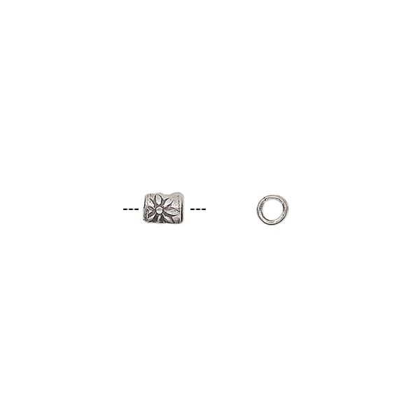 Bead, Hill Tribes, antiqued sterling silver, 4x3mm round tube with flower design. Sold per pkg of 6. image number 0
