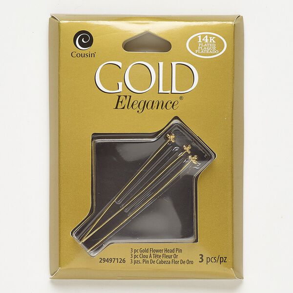 Head pin, lacquer and gold-plated copper, 2 inches with 4mm flower, 23 gauge. Sold per pkg of 3. image number 0