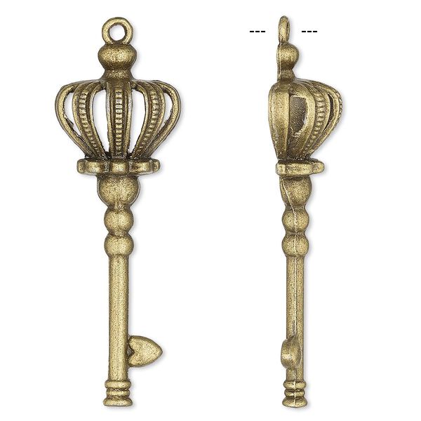 Focal, antique brass-plated "pewter" (zinc-based alloy), 53x19mm single-sided crown key. Sold per pkg of 2. image number 0