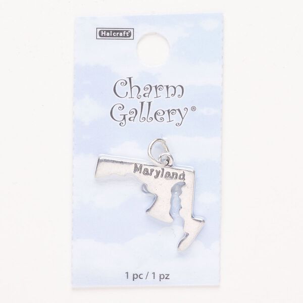 Charm, steel and enamel, pkg/1, silver finish and black, 27x20mm with "Maryland." image number 0