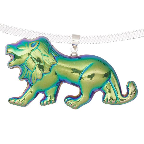 Hemalyke™ / brass 1pkg1, electroplated silver-finished 1-sided lion pendant 49x28mm image number 0