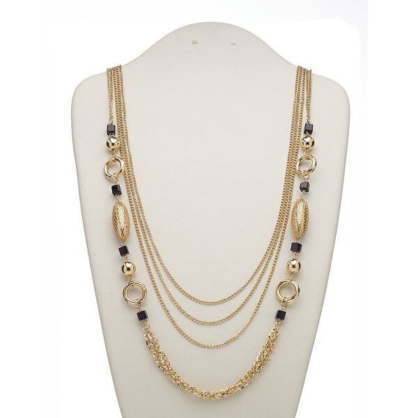 Necklace, 4-strand, acrylic / gold-coated plastic / gold-finished steel, black, 28 inches with 2-inch extender chain and lobster claw clasp. Sold individually. image number 0