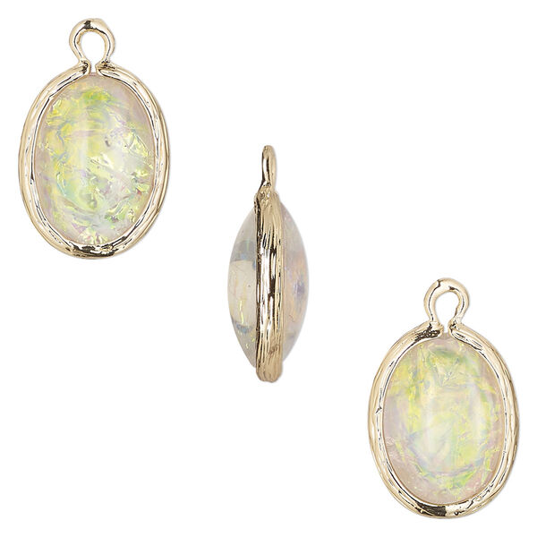 Drop, Opalized Ice™, "opal" (resin) and gold-finished brass, white, 16x12mm double-sided oval. Sold per pkg of 4. image number 0