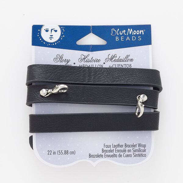 Bracelet, wrap, faux leather / steel / silver-finished "pewter" (zinc-based alloy), black, 12mm wide, 22 inches with (2) snaps and (2) lobster claw clasps. Sold individually. image number 0