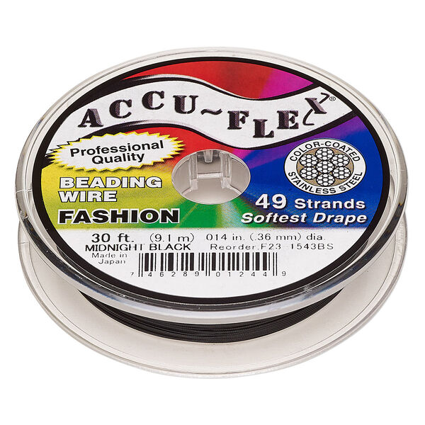 Beading wire, Accu-Flex®, nylon and stainless steel, midnight black, 49 strand, 0.014-inch diameter. Sold per 30-foot spool. image number 0