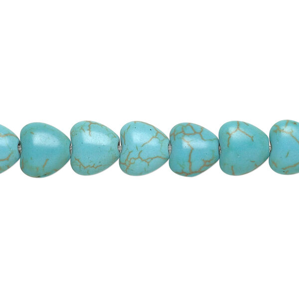 Bead, magnesite (dyed / stabilized), blue-green, 7x7mm-8x8mm puffed heart, C grade, Mohs hardness 3-1/2 to 4. Sold per 15-inch strand. image number 0