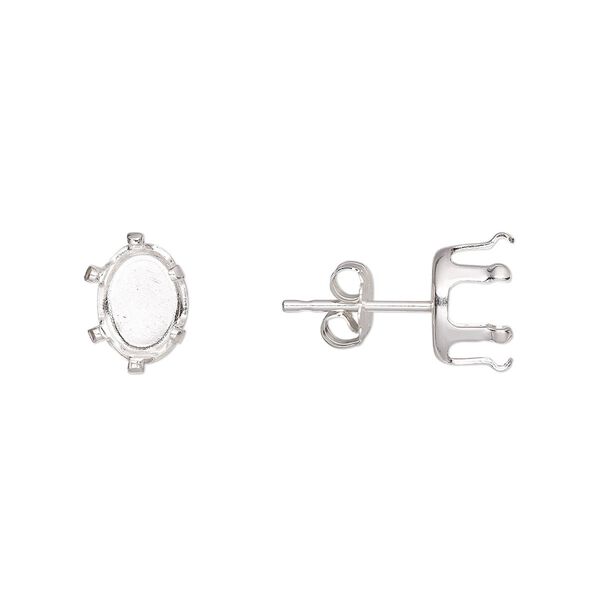 Earstud 1pkg4 Snap-Tite® sterling silver, 8x6mm oval 6-prong setting / earnuts, 2 pair image number 0