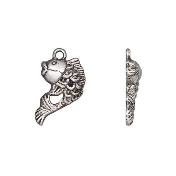 Charm, antique silver-plated "pewter" (zinc-based alloy), 18x12mm single-sided leaping fish. Sold per pkg of 20. image number 0