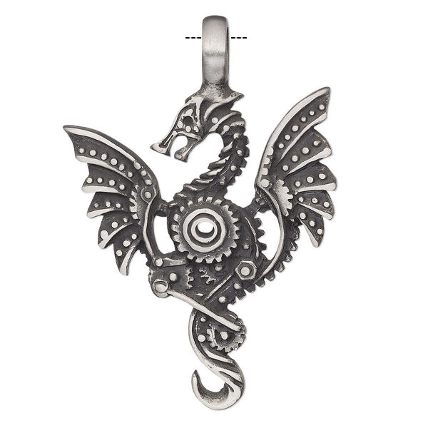 Pendant, Powerful Pewter Pendants, antiqued pewter (tin-based alloy), 59x40mm single-sided steampunk dragon with 6mm hole. Sold individually. image number 0