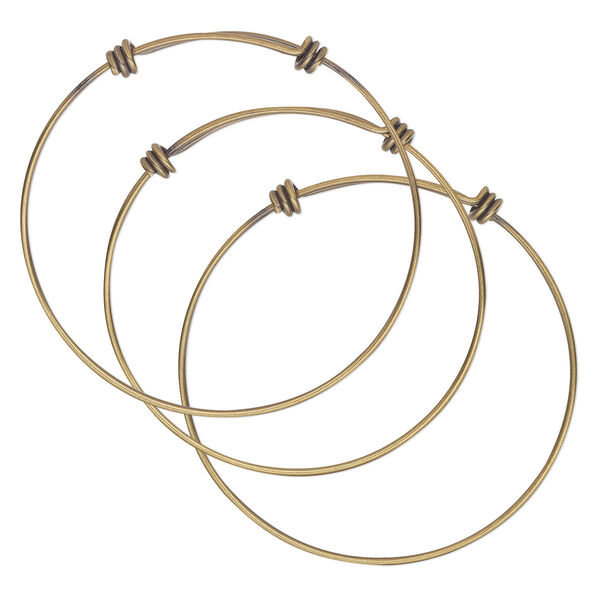 Bracelet component, bangle, antique brass-finished "pewter" (zinc-based alloy), 2mm wide with 7mm coil, 8-1/2 inches, adjustable. Sold per pkg of 3. image number 0