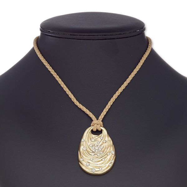 Necklace, glass rhinestone / imitation leather / gold-coated plastic / gold-finished steel / "pewter" (zinc-based alloy), tan and opal, 49x33mm oval, 16 inches with 2-inch extender chain and lobster claw clasp. Sold individually. image number 0