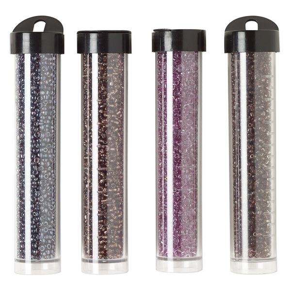 Seed bead assortment, Ming Tree™, glass, pkg/(4) 4 x 3/4 inch vials, #11 round, transparent silver-lined color-lined purple and amethyst purple. image number 0