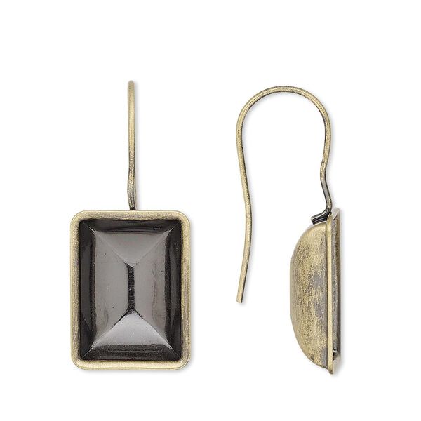 Ear wire fishhook 1pkg4 Almost Instant Jewelry® antique gold-plated, 30x13mm / 14x10mm rectangle glue-in setting, 20 gauge brass 2 pair image number 0