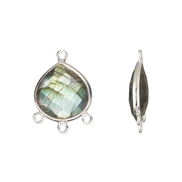 Drop, sterling silver and labradorite (natural), 15x14mm hand-cut double-sided faceted teardrop with 3 closed loops, Mohs hardness 6 to 6-1/2. Sold individually. image number 0