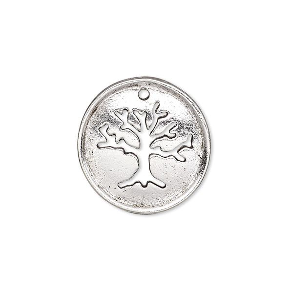 Drop, antique silver-plated pewter (tin-based alloy), 20.5mm single-sided flat round with cutout tree of life and textured back. Sold individually. image number 0