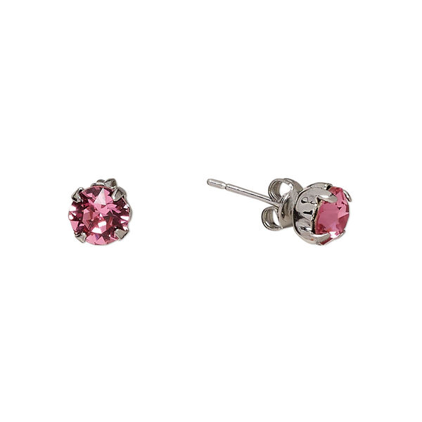 Earstud, Everyday Jewelry™, Crystal Passions® and silver-plated "pewter", rose, 6.5mm round. Sold per pair. image number 0