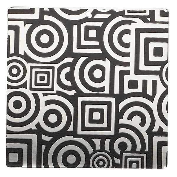 Focal, imitation rhodium-finished carbon steel, black, 40x40mm single-sided square with geometric design. Sold per pkg of 2. image number 0