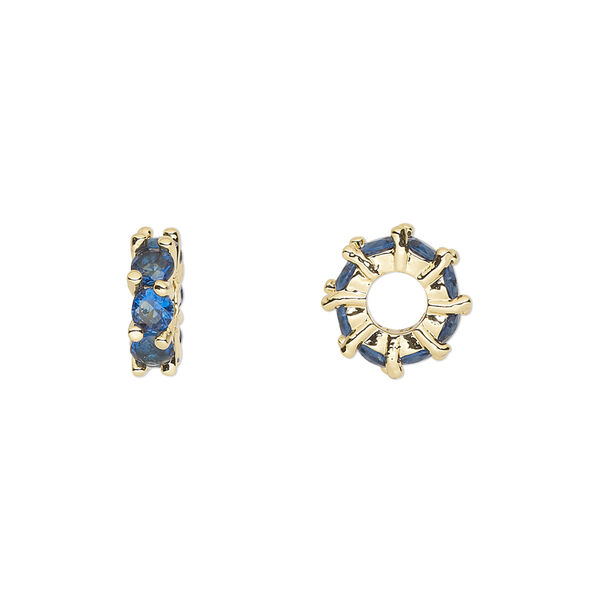 Bead, cubic zirconia and gold-plated brass, sapphire, 10.5x3.5mm rondelle. Sold per pkg of 2. image number 0