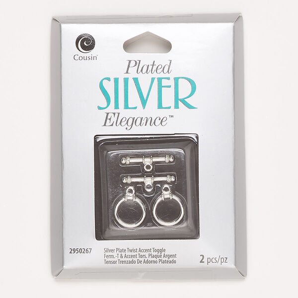 Clasp, toggle, lacquer and silver-plated brass, 12mm round with twisted edge design. Sold per pkg of 2. image number 0