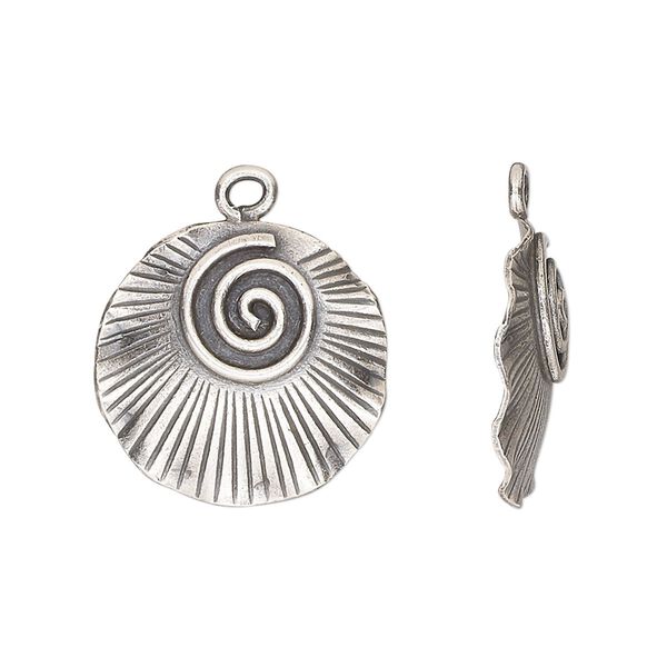 Drop, Hill Tribes, antiqued fine silver, 19mm single-sided wavy round with swirl pattern. Sold individually. image number 0