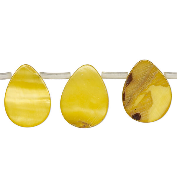 Bead, mother-of-pearl shell (dyed), golden yellow, 16x7mm-16x11mm top-drilled flat teardrop, Mohs hardness 3-1/2. Sold per 12-inch strand, approximately 20 beads. image number 0