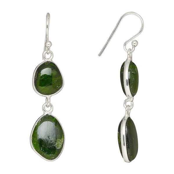 Earring, Create Compliments®, diopside (natural) and sterling silver, 46mm with fishhook ear wire. Sold per pair. image number 0