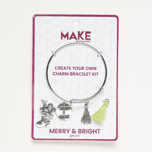 Bracelet and charm assortment, antique silver-finished brass and fabric, green, Merry & Bright theme, 7-1/2 inches. Sold per 5-piece set. image number 0