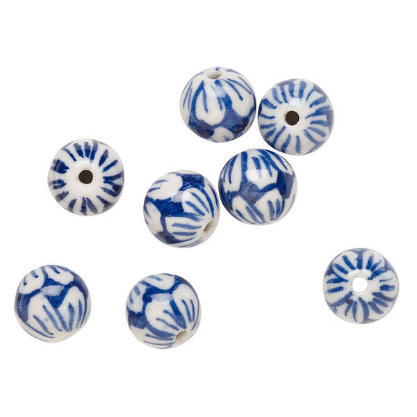 Bead, porcelain, blue and white, 11-12mm round with flower design. Sold per pkg of 8. image number 0