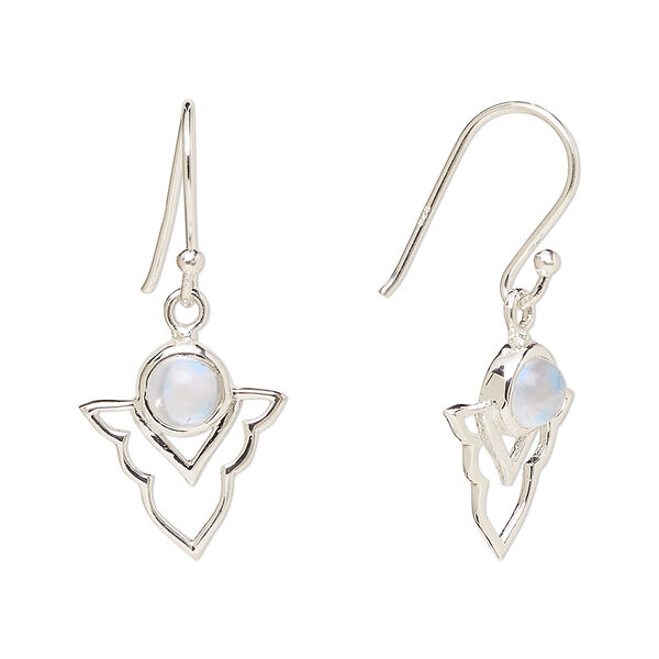 Ear wire, Create Compliments®, antiqued sterling silver and rainbow moonstone (natural), fishhook, 29mm with 15.5x14mm single-sided open arrowhead, 21 gauge. Sold per pair. image number 0