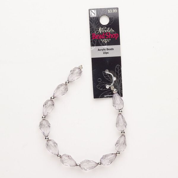 Bead, brass and acrylic, pkg/22, silver finish and grey, 4mm round and 15x9mm faceted teardrop. image number 0